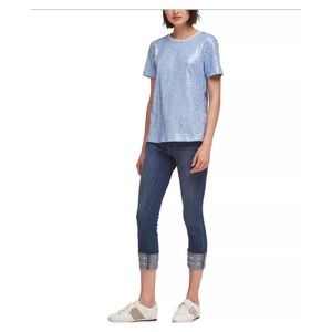 DKNY Womens Sequined Embellished T-Shirt, Blue, Large.